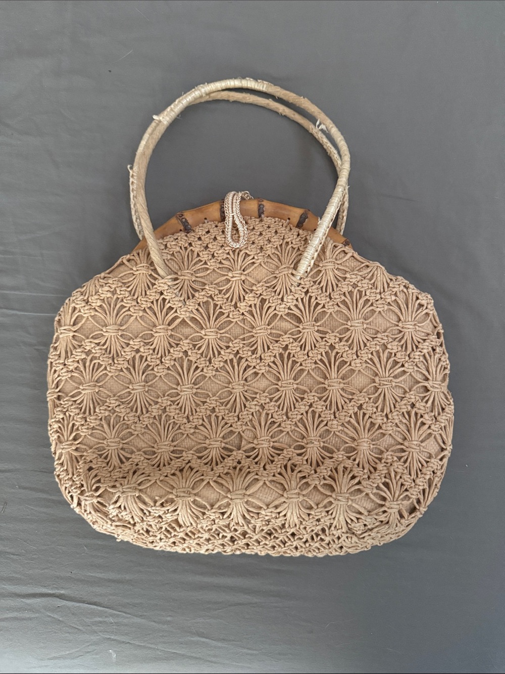Handwoven Macramé Tote Bag from Japan in Natural Beige with Bamboo Handle